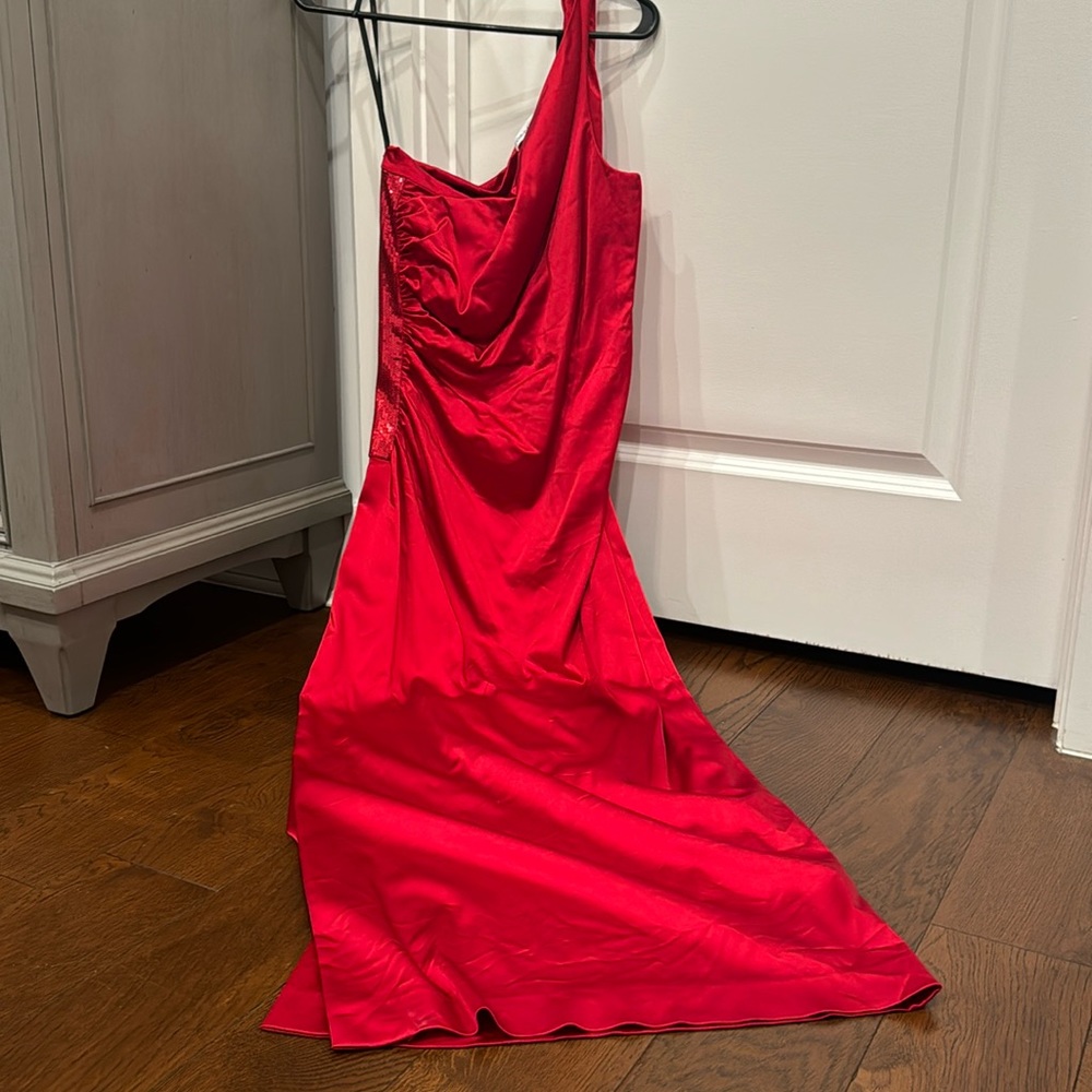 Calvin Klein Red Asymmetrical Pleated Cocktail Gown